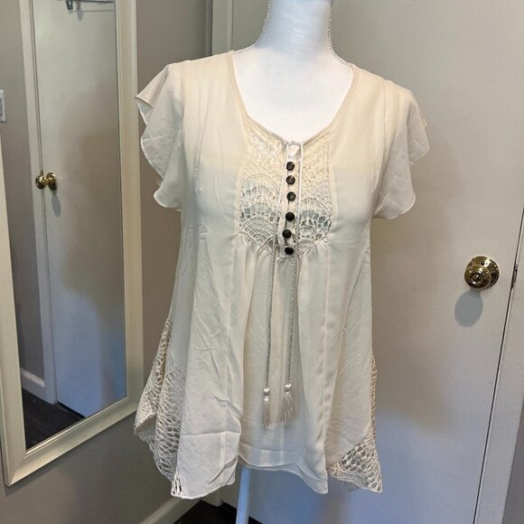 One World Boho Ivory Sheer Cami blouse with lace sides, Size Small - Picture 1 of 15